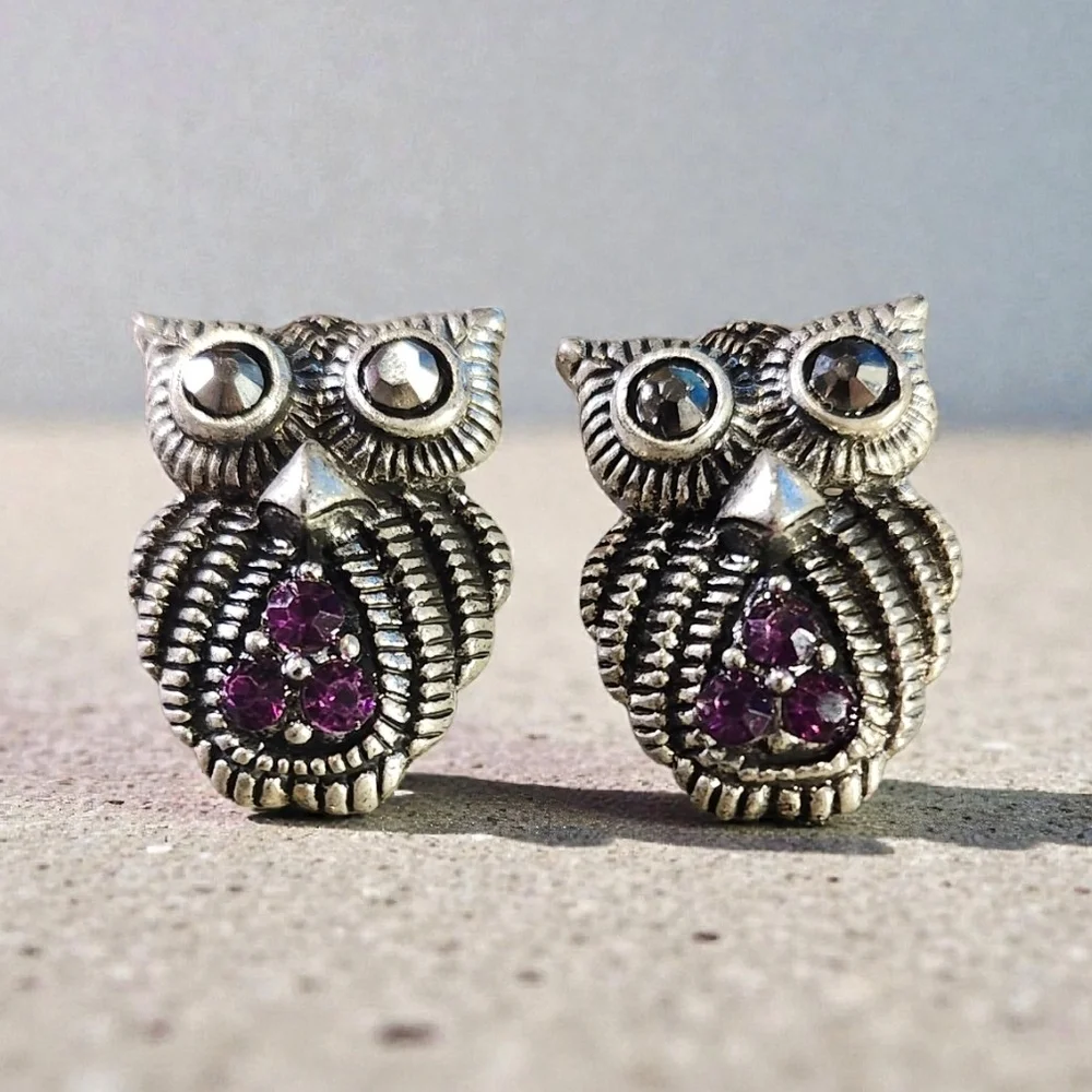 Vintage Sterling Silver Owl Stud Amethyst And Marcasite Earrings - Picture 3 of 5